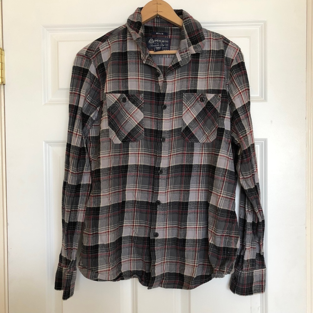 American Rag Plaid Gray Black Red Long Sleeve Button Shirt Men's Medium